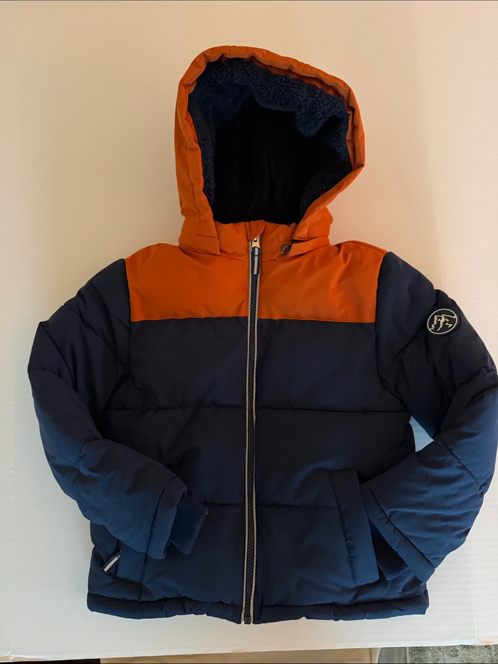 Children's Navy and Orange Hooded Puffer Jacket by Members Mark size 6 kids